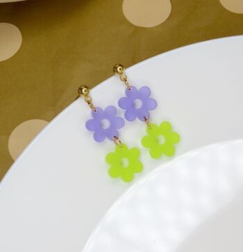 Boucles d'oreilles fleurs colorées violet citron vert 2