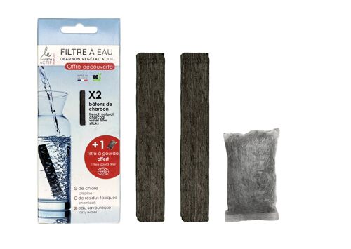 Set de 3 filtres à eau : 2 bâtons filtrants de charbon végétal français + 1 filtre à gourde offert