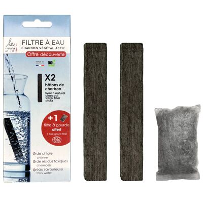 Set de 3 filtres à eau : 2 bâtons filtrants de charbon végétal français + 1 filtre à gourde offert