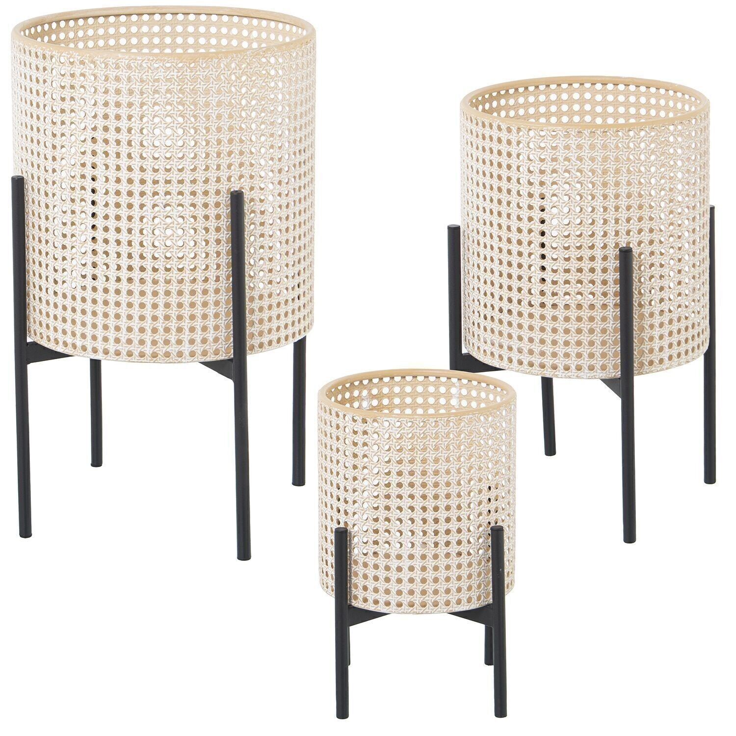 SET AUS 3 PFLANZTÖPFEN AUS METALL MIT WEIDE-EFFEKT UND SCHWARZEN METALLBEINEN _°30X50,5+°25X40+°20X30,5CM LL59837