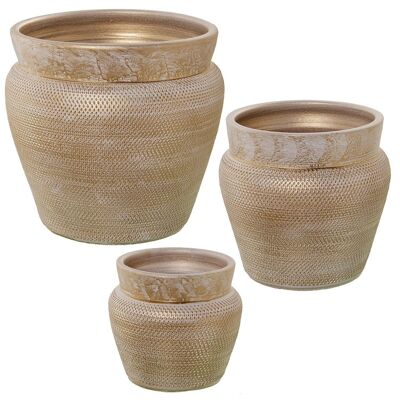 SET DI 3 FIORIERE IN CERAMICA ORO/BIANCO °35X33+°26X26+°20X20CM LL60099