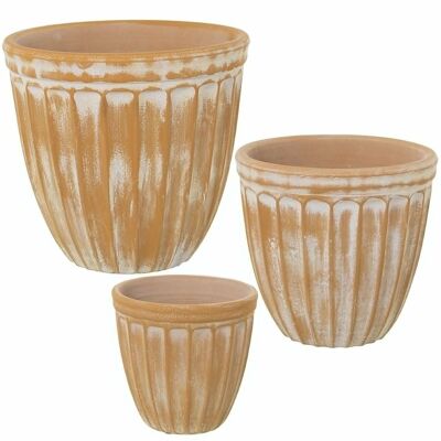 SET OF 3 WORN YELLOW CERAMIC PLANTER POTS _°18X17+°24X22+°30X27CM LL60780