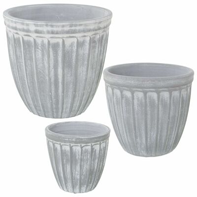 SET 3 ABGEBRAUCHTE GRAUE KERAMIK-PFLANTZÖPFE _°18X17+°24X22+°30X27CM LL60781