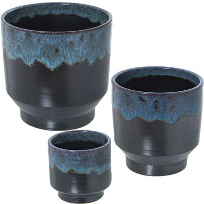 SET 3 BLAU/SCHWARZE KERAMIK-PFLANTZÖPFE REACTIVE _°16X16+°21X21+°26X26CM LL60782