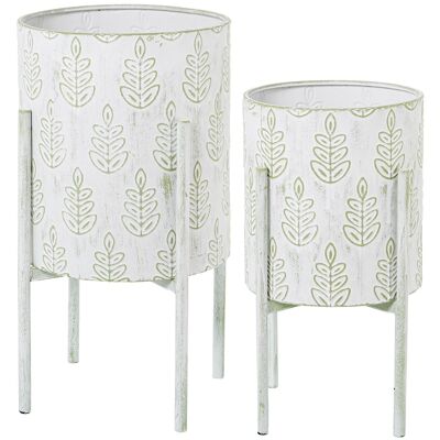 SET OF 2 WHITE/GREEN DECO METAL PLANTER POTS. SHEETS _°31X58CM+°26X48CM LL53102