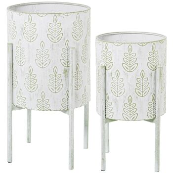 LOT DE 2 POTS DE JARDINIÈRES EN MÉTAL DÉCO BLANC/VERT. DRAPS _°31X58CM+°26X48CM LL53102 1