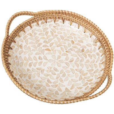 TRAY WITH NEAR OF PEARL/RATTAN HANDLES _40X33X5/7CM LL53167