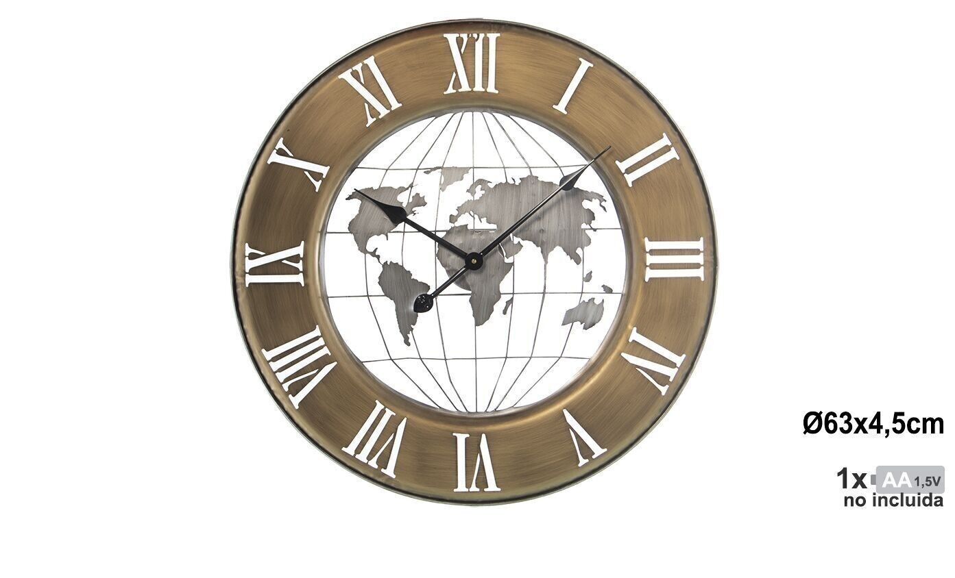 WELTKARTE METALLWANDUHR ø63CM, OHNE GLAS, 1XAA NEIN INKL. °63X4,5CM LL23165