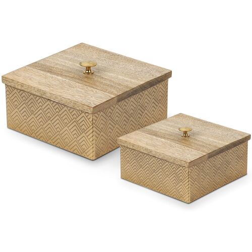 SET 2 CAJAS MADERA/METAL DORADO _17X17X9CM+13X13X8CM LL36907