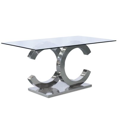GLASS DINING TABLE WITH GLOSSY STEEL BASE +90966+90967 _160X90X75CM GLASS TEMP:12MM LL40350
