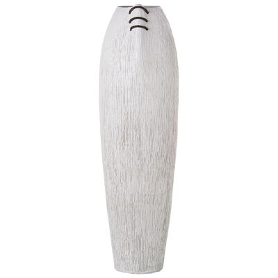 CERAMIC VASE 80CM WHITE STRIPED WITH BROWN CORD _22X25X80CM MOUTH:11X15CM LL60941