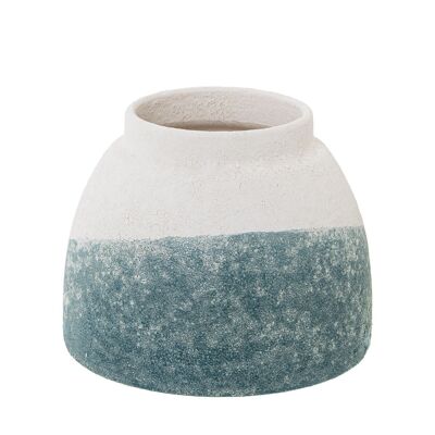 VASE CÉRAMIQUE 14CM BEIGE/BLEU PÉTROLE TEXTURE SABLE _°17X14CM BOUCHE:°9CM LL62252