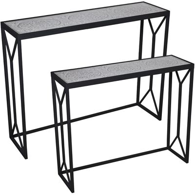 SET 2 ENTRANCE TABLES BLACK METAL/CARVED WOOD W/GLASS _100X28X77CM+85X25X70CM LL68299