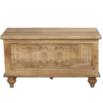 WOODEN BOX CARVED FRONT NATURAL HANDLE W/IRON HANDLES _88X43X50CM INT:81.5X35X34.5CM LL68359