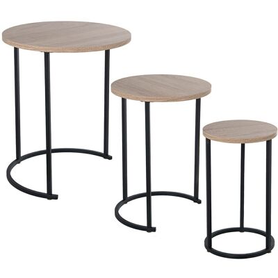 JEU DE 3 TABLES AUX. BOIS MÉTAL NOIR SUR CHÊNE _°48X58+°38X53+°28X48CM LL72248