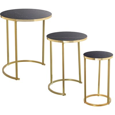 SET 3 AUX TABLES. GOLD METAL WOOD-BLACK MARBLE EFFECT _°48X58+°38X53+°28X48CM LL72250