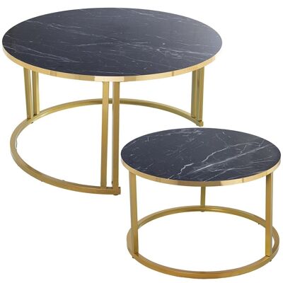 SET OF 2 WOODEN COFFEE TABLES METAL LEGS GOLD-BLACK MARBLE EFFECT _°80X43+°60X38CM LL72251