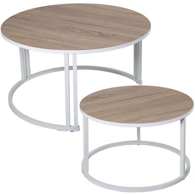 SET OF 2 WOODEN COFFEE TABLES WHITE METAL LEGS, ON OAK _°80X43+°60X38CM LL72252