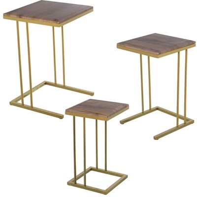 SET 3 AUX TABLES. GOLDEN LEGS ON OAK COLORED WOOD _40X40X60+35X35X55+29X29X50CM LL72255