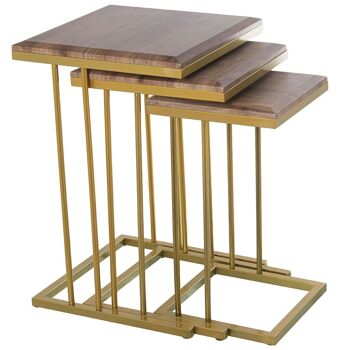 JEU DE 3 TABLES AUX. PIEDS DORÉS SUR BOIS COULEUR CHÊNE _40X40X60+35X35X55+29X29X50CM LL72255 2