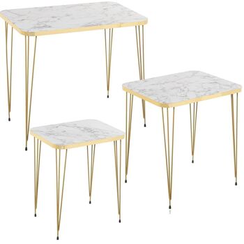 JEU DE 3 TABLES AUX.                                        EFFET BOIS/MÉTAL +72268.MARBRE BLANC _60X37X53+45X37X49+37X29X45CM LL72267 1