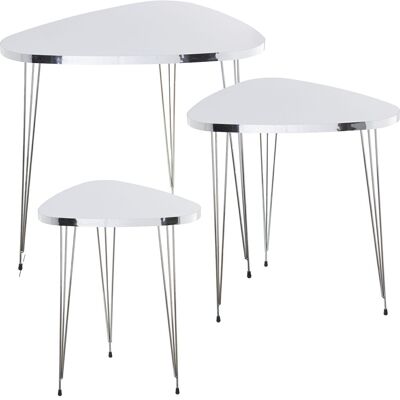 SET 3 AUX TABLES. WOOD/METAL CHROME +72274, WHITE BOARD _55X48X53+45X40X49+35X31X45CM LL72273