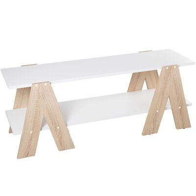 TV-Tisch aus weißem Holz mit Beinen aus Holz in Eichenfarbe, 2 Ebenen, 120 x 38 x 46 cm, Regal: 120 x 34 x 1,8 LL72283