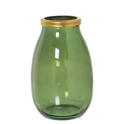 VASO IN VETRO RICICLATO 28CM VERDE BORDO ORO _°18X28CM BOCCA:°9CM LL11085