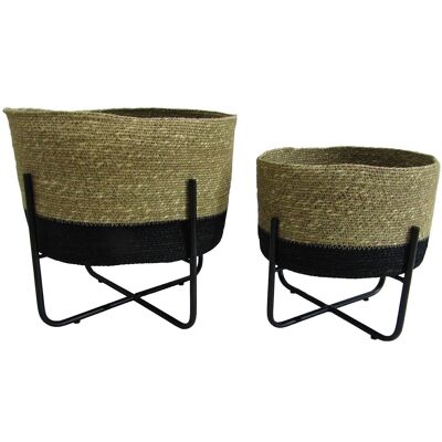 SET 2 WICKER/METAL POT POTS _30X30X33+24X24X25CM LL60969