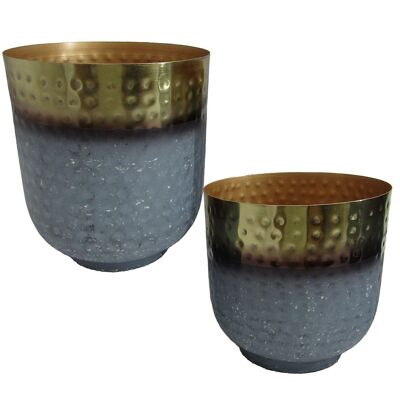 SET 2 POTS DE JARDINIÈRE EN MÉTAL DORÉ/BLEU CLAIR _26X26X30+21X21X24CM LL60976