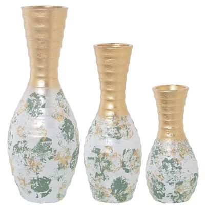 SET OF 3 CERAMIC VASES WITH GREEN/GOLD STAINS WITH GOLD NECK _°18X50+°15X40+°13X30CM LL61062