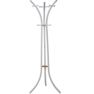 Garderobenständer aus weißem Metall mit Naturholz, 9 Knöpfe, 54 x 60 x 175 cm, LL83716