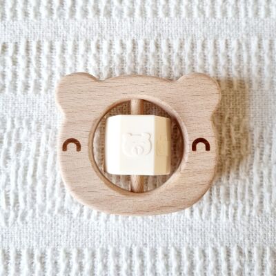 Hochet en bois ours beige avec bloc rotatif en silicone