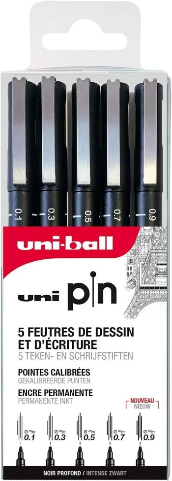 Uni-ball - Gamme POINTES CALIBREES -  réf : PIN/5 ASP008 - Feutres techniques - Noir - Pointes calibrées : 0,1/0,3/0,5/0,7/0,9 - Pochette de 5