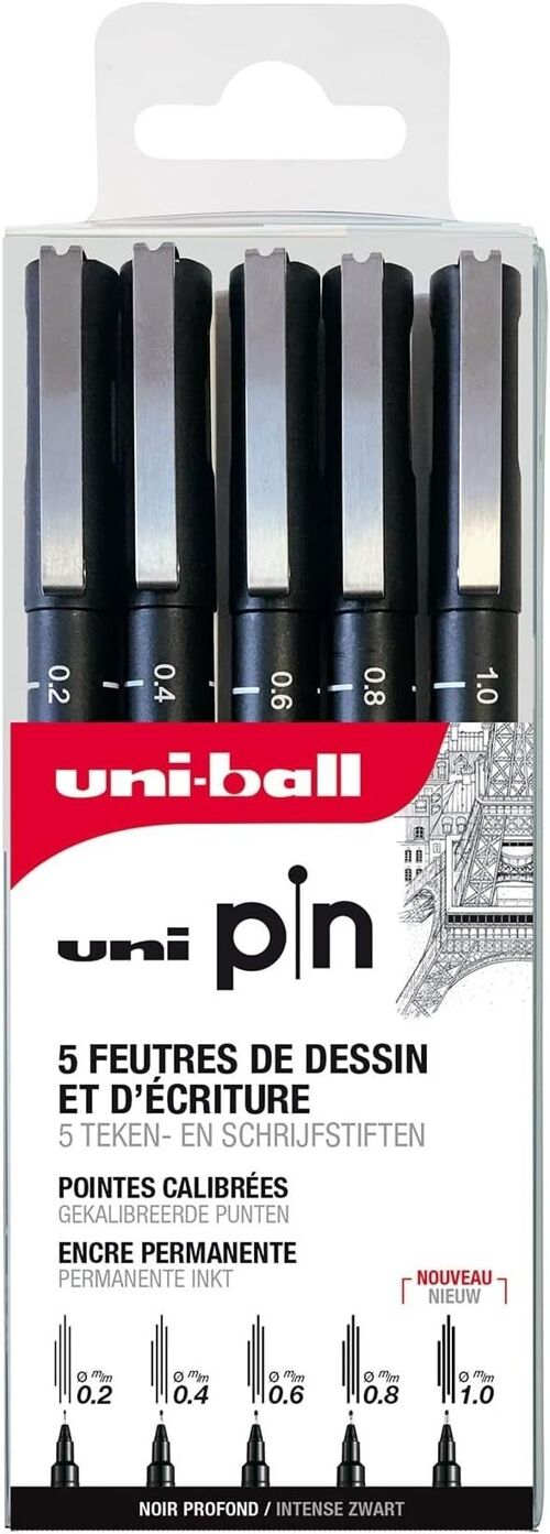 Uni-ball - Gamme POINTES CALIBREES -  réf : PIN/5 ASP009 - Feutres techniques - Noir - Pointes calibrées : 0,2/0,4/0,6/0,8/1,0 - Pochette de 5  -