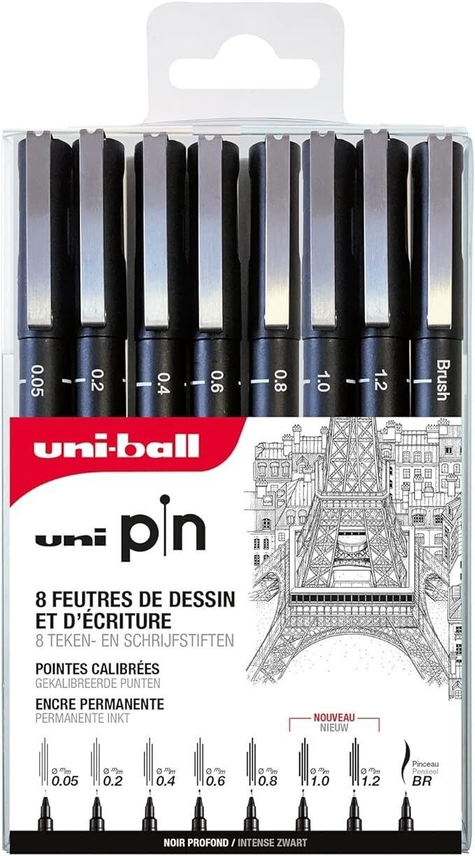 Uni-ball - Gamme POINTES CALIBREES -  réf : PIN/8 ASP011 - Feutres techniques - Noir - Brush et pointes calibrées 0,05/0,2/0,4/0,6/0,8/1,0/1,2 - Pochette de 8  -