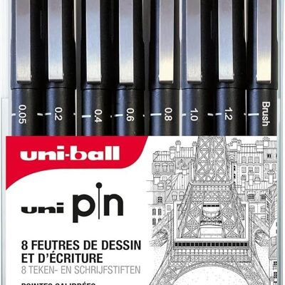 Uni-ball - Gama CALIBRAR PUNTOS - ref: PIN/8 ASP011 - Rotuladores técnicos - Negro - Pincel y puntas calibradas 0,05/0,2/0,4/0,6/0,8/1,0/1, 2 - Paquete de 8 -