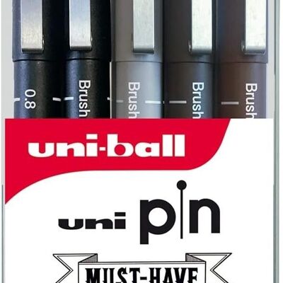 Uni-Ball – Serie CALIBRATE POINTS – Ref: PIN/5 ASP012 – Technische Marker – Schwarz – Thema SCHRIFTZUG: Pinsel (Schwarz, Sepia, Hellgrau, Dunkelgrau) und kalibrierte Spitze 0,8 – 5er-Pack –