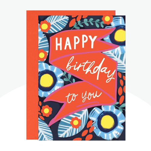 Birthday Flowers Blue Neon Print Card