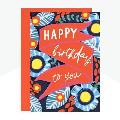 Geburtstagskarte mit Blumen, blauem Neondruck