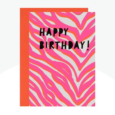 Tarjeta de cebra con estampado de neón de cumpleaños