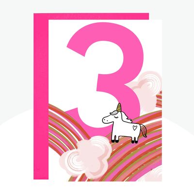 Biglietto con stampa al neon di 3 anni con unicorno