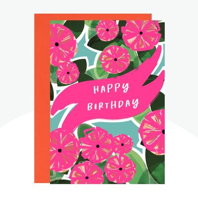 Tarjeta con estampado de neón de flores de cumpleaños rosadas