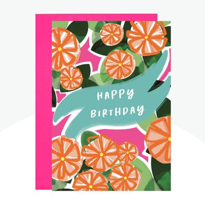 Orangefarbene Geburtstagskarte mit Blumen und Neondruck