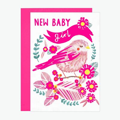 Tarjeta con estampado de neón New Baby Girl Little Bird
