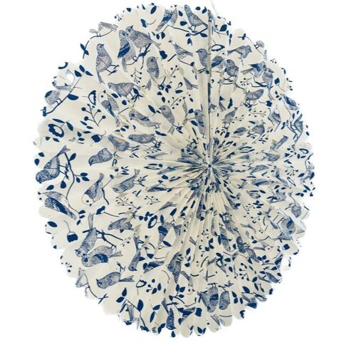 sustainable rosette with birds - off white & blue - eco-friendly paper 55ø cm - handmade in Nepal
