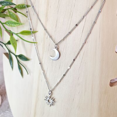 Double row necklace - sun moon - stainless steel