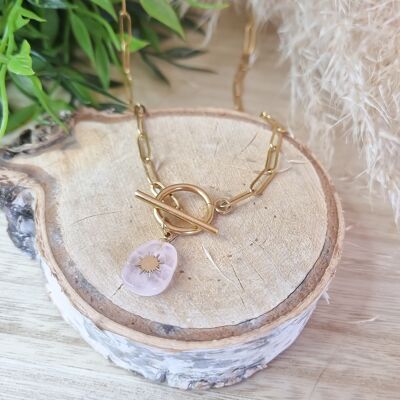 Rose Quartz Toggle Necklace in Gold Steel/Gold Plated