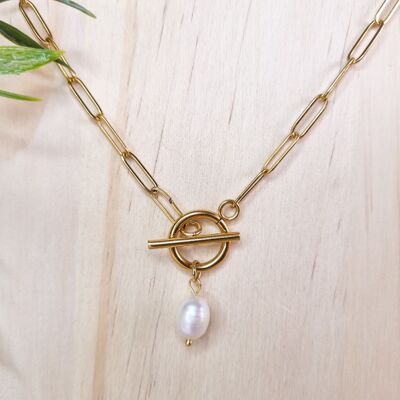 Gold Steel/Gold Plated Pearl Toggle Necklace