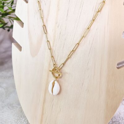 Gold steel/gold plated shell toggle necklace
